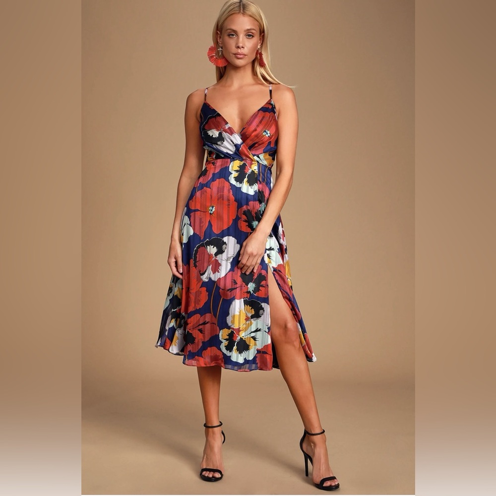 Lulus All About Love Royal Blue Floral Print Midi Dress 
Large